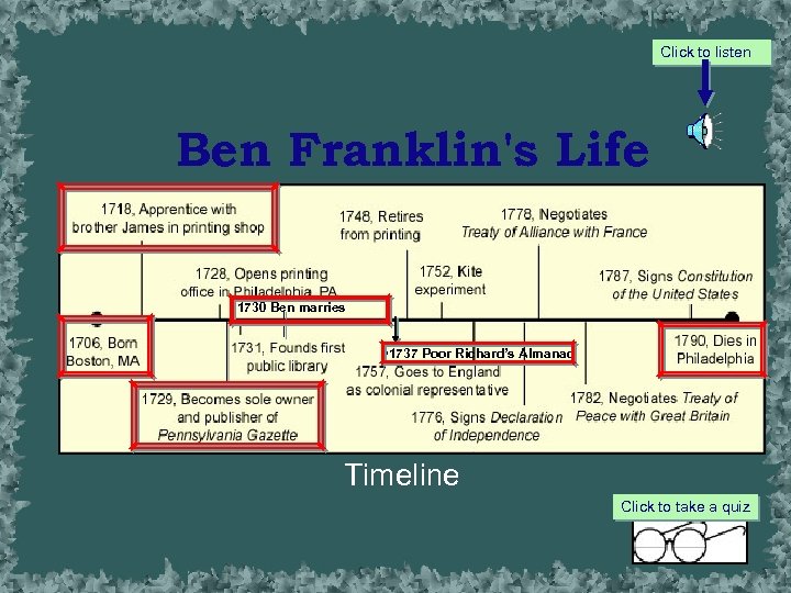 Click to listen Ben Franklin's Life • 1730 Ben marries • • • 1737