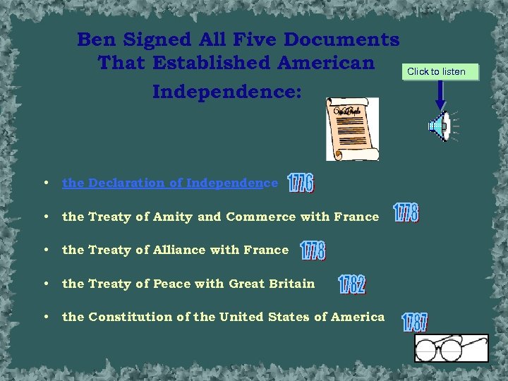 Ben Signed All Five Documents That Established American Independence: • the Declaration of Independence