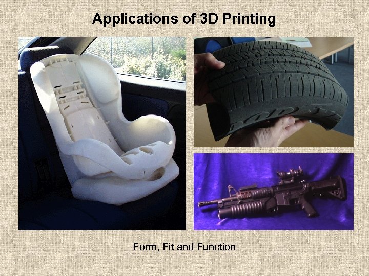 Applications of 3 D Printing Form, Fit and Function 