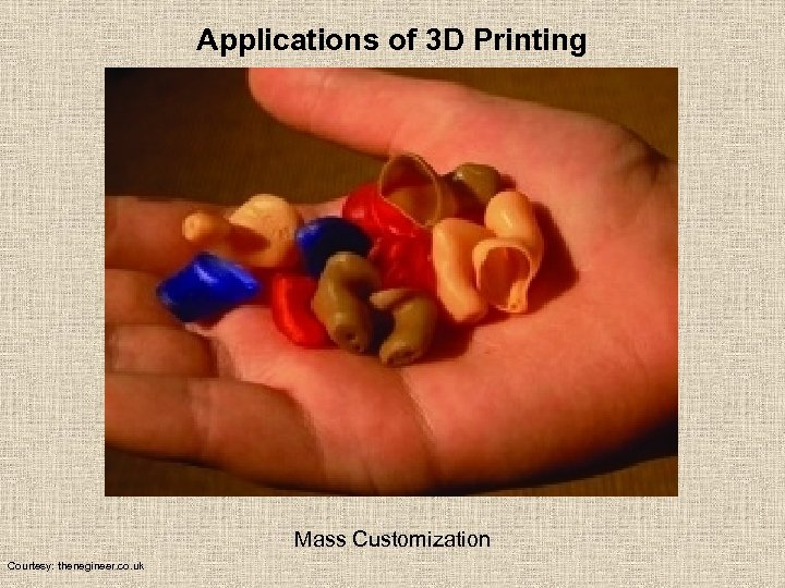 Applications of 3 D Printing Mass Customization Courtesy: thenegineer. co. uk 