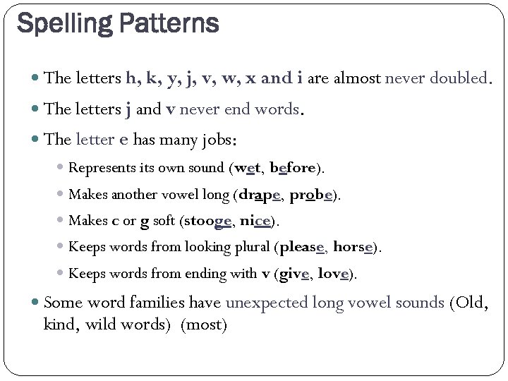 Spelling Patterns The letters h, k, y, j, v, w, x and i are