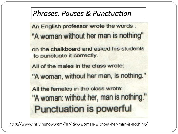 Phrases, Pauses & Punctuation http: //www. thrivingnow. com/for/Rick/woman-without-her-man-is-nothing/ 