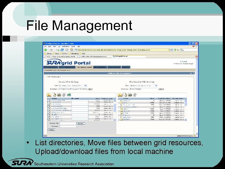 File Management • List directories, Move files between grid resources, Upload/download files from local