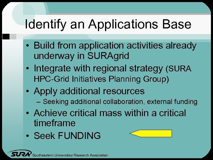 Identify an Applications Base • Build from application activities already underway in SURAgrid •