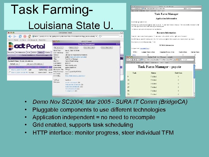 Task Farming. Louisiana State U. • • • Demo Nov SC 2004; Mar 2005