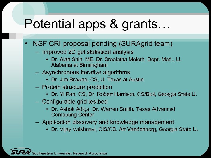 Potential apps & grants… • NSF CRI proposal pending (SURAgrid team) – Improved 2