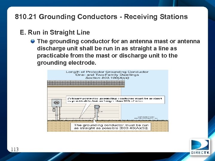 810. 21 Grounding Conductors - Receiving Stations E. Run in Straight Line The grounding