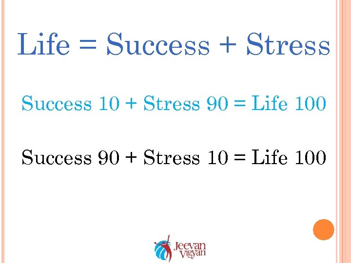 Life = Success + Stress Success 10 + Stress 90 = Life 100 Success