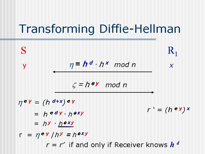 Transforming Diffie-Hellman S y R 1 = h d · h x mod n