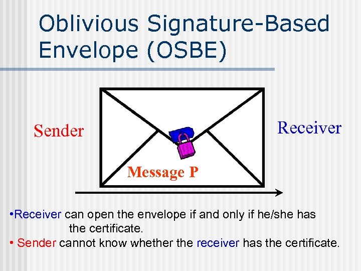 Oblivious Signature-Based Envelope (OSBE) Receiver Sender Message P • Receiver can open the envelope