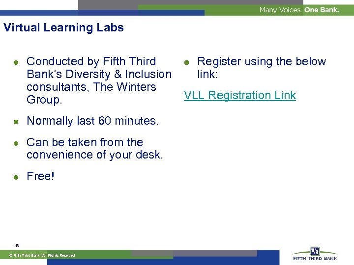 Virtual Learning Labs l l Conducted by Fifth Third Bank’s Diversity & Inclusion consultants,