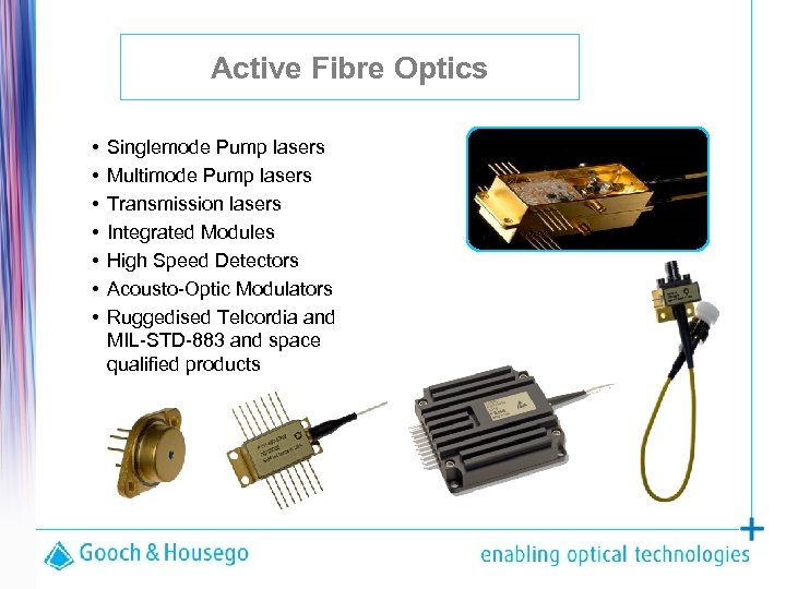 Active Fibre Optics • • Singlemode Pump lasers Multimode Pump lasers Transmission lasers Integrated