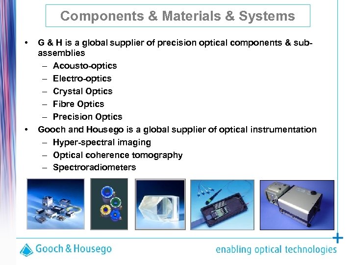 Components & Materials & Systems • • G & H is a global supplier