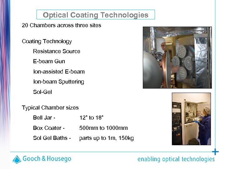 Optical Coating Technologies 20 Chambers across three sites Coating Technology Resistance Source E-beam Gun