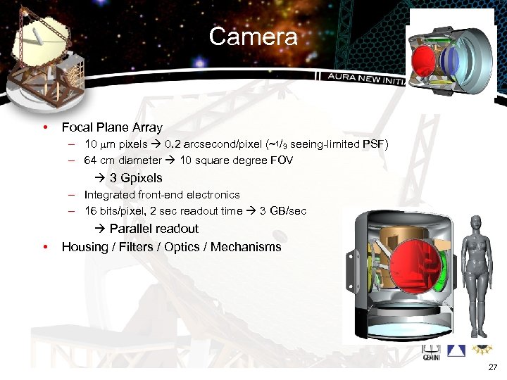 Camera • Focal Plane Array – 10 mm pixels 0. 2 arcsecond/pixel (~1/3 seeing-limited