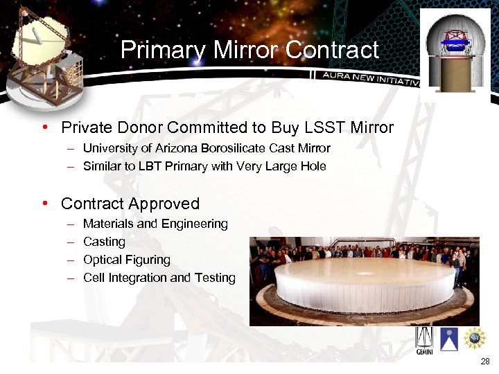 Primary Mirror Contract • Private Donor Committed to Buy LSST Mirror – University of