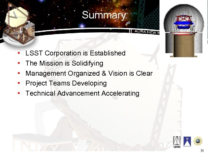 Summary • • • LSST Corporation is Established The Mission is Solidifying Management Organized