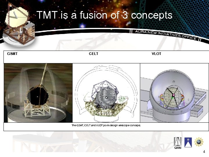 TMT is a fusion of 3 concepts GSMT CELT VLOT The GSMT, CELT and