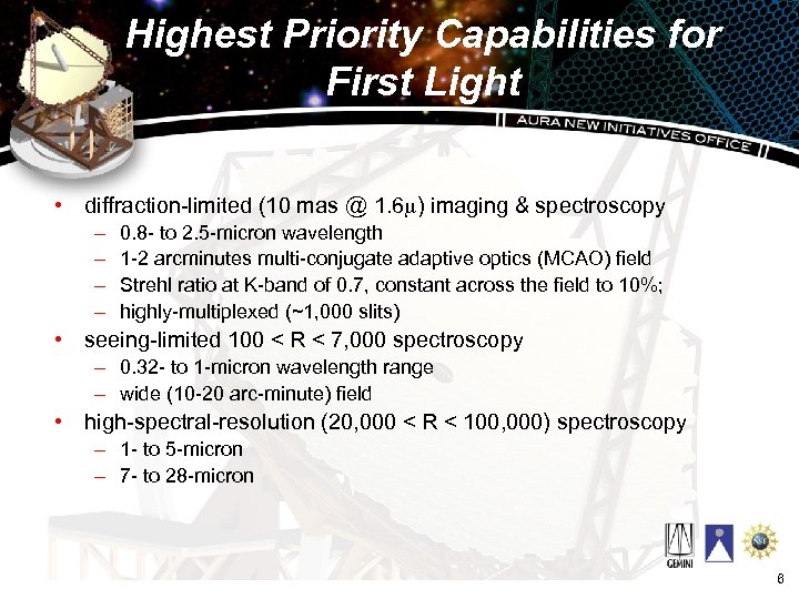 Highest Priority Capabilities for First Light • diffraction-limited (10 mas @ 1. 6 m)