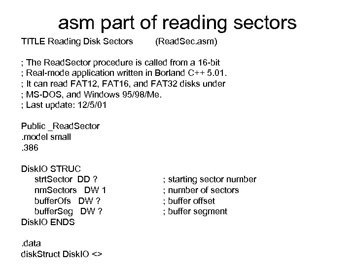 asm part of reading sectors TITLE Reading Disk Sectors (Read. Sec. asm) ; The
