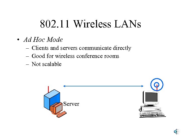 802. 11 Wireless LANs • Ad Hoc Mode – Clients and servers communicate directly