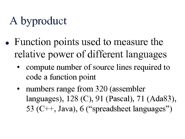 A byproduct l Function points used to measure the relative power of different languages