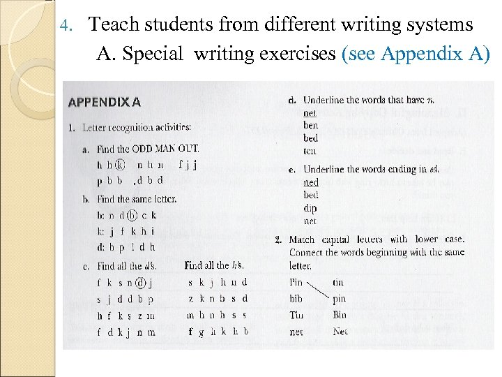 4. Teach students from different writing systems A. Special writing exercises (see Appendix A)