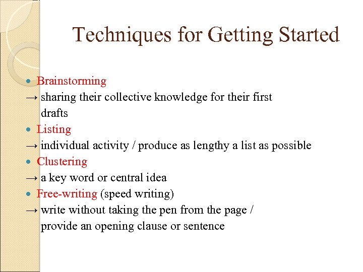 Techniques for Getting Started Brainstorming → sharing their collective knowledge for their first drafts