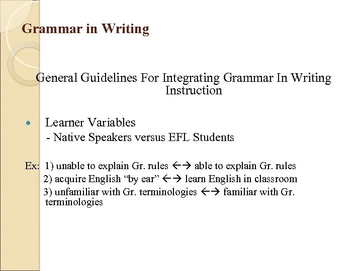 Grammar in Writing General Guidelines For Integrating Grammar In Writing Instruction Learner Variables -