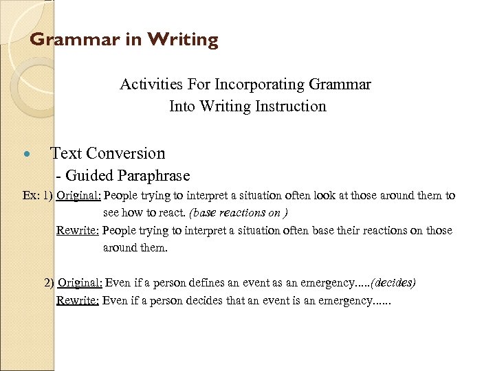 Grammar in Writing Activities For Incorporating Grammar Into Writing Instruction Text Conversion - Guided