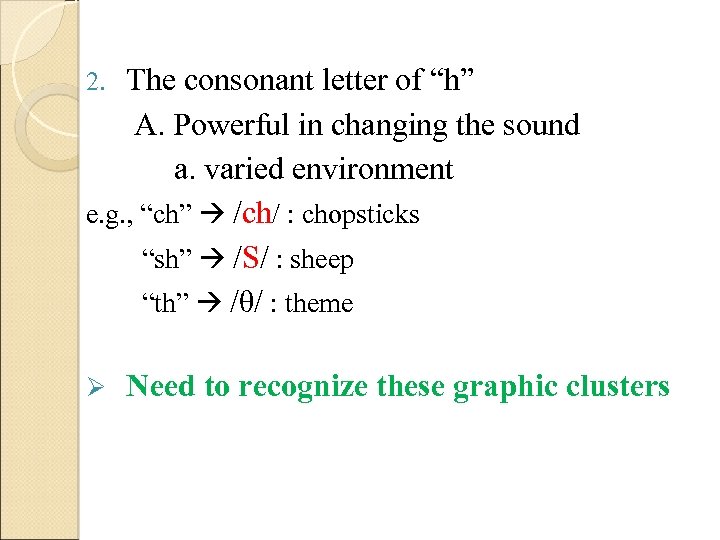 The consonant letter of “h” A. Powerful in changing the sound a. varied environment