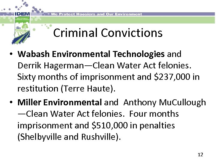 Criminal Convictions • Wabash Environmental Technologies and Derrik Hagerman—Clean Water Act felonies. Sixty months