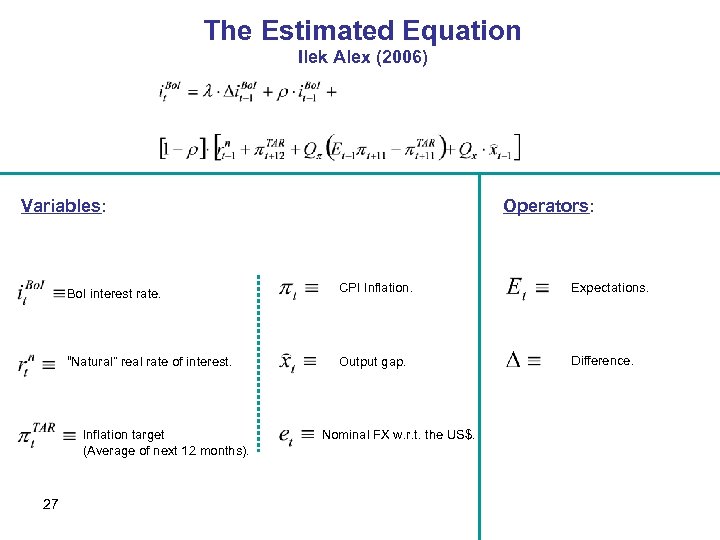 The Estimated Equation Ilek Alex (2006) Variables: Operators: Bo. I interest rate. CPI Inflation.