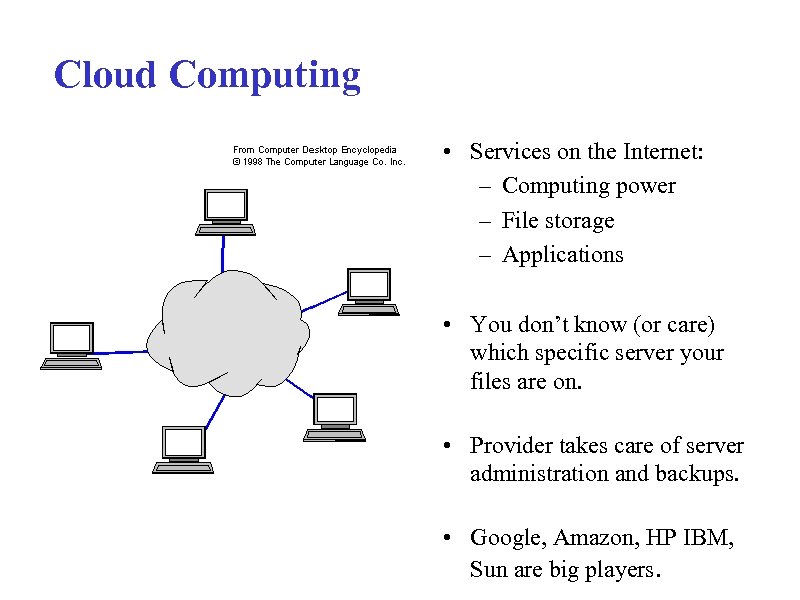 Cloud Computing • Services on the Internet: – Computing power – File storage –