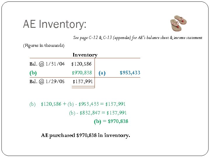 AE Inventory: See page C-12 & C-13 (appendix) for AE’s balance sheet & income
