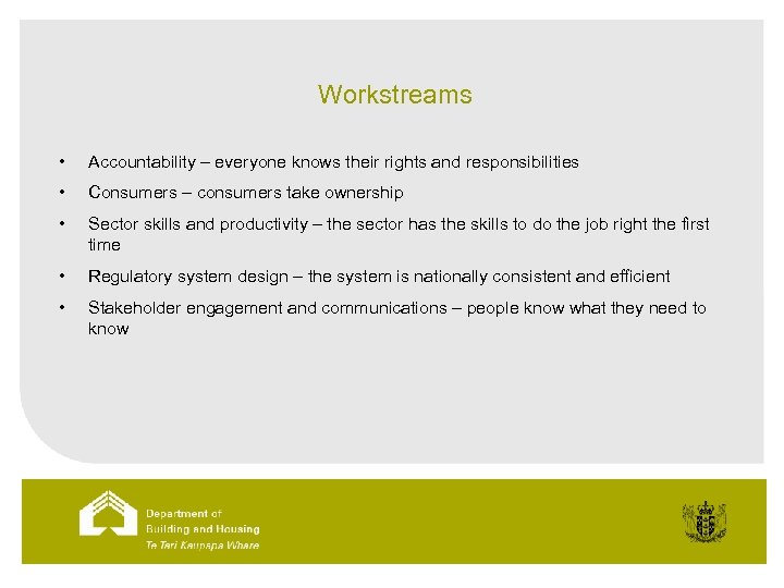 Workstreams • Accountability – everyone knows their rights and responsibilities • Consumers – consumers