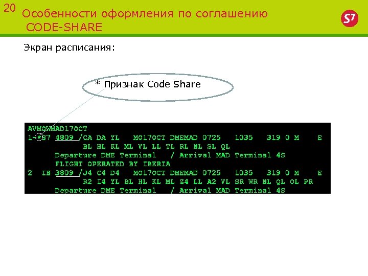 20 Особенности оформления по соглашению CODE-SHARE Экран расписания: * Признак Code Share 