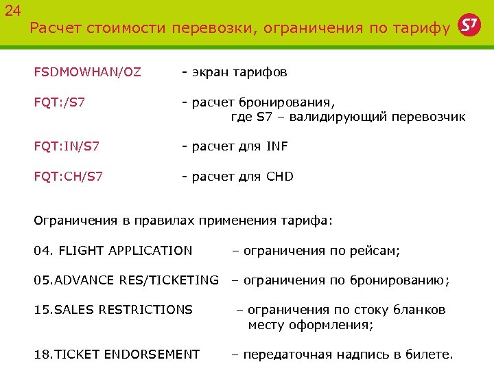 24 Расчет стоимости перевозки, ограничения по тарифу FSDMOWHAN/OZ - экран тарифов FQT: /S 7