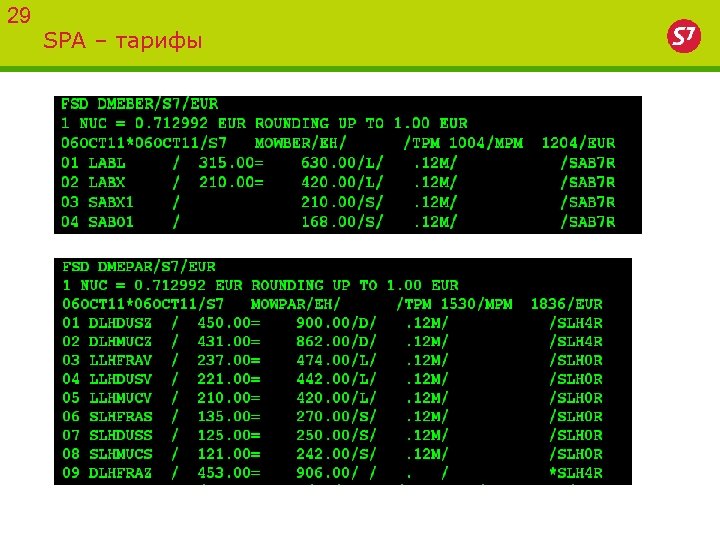 29 SPA – тарифы 
