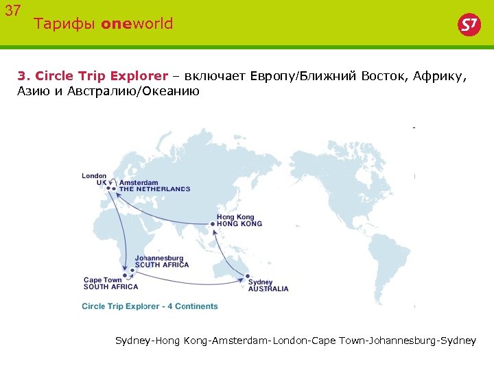 37 Тарифы oneworld 3. Circle Trip Explorer – включает Европу/Ближний Восток, Африку, Азию и