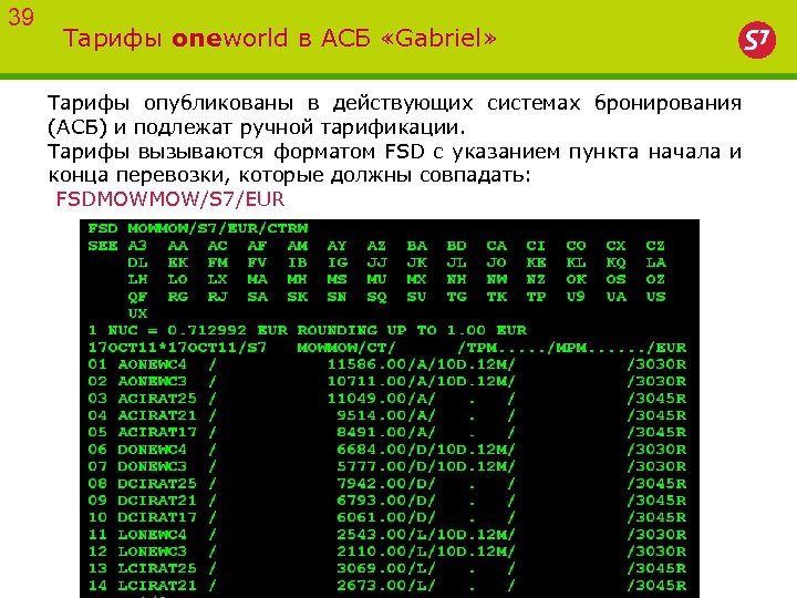 39 Тарифы oneworld в АСБ «Gabriel» Тарифы опубликованы в действующих системах бронирования (АСБ) и