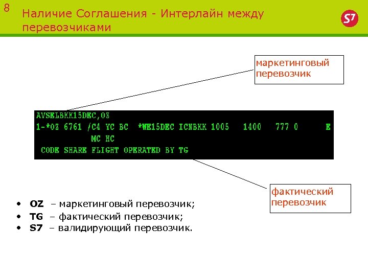 8 Наличие Соглашения - Интерлайн между перевозчиками маркетинговый перевозчик • OZ – маркетинговый перевозчик;