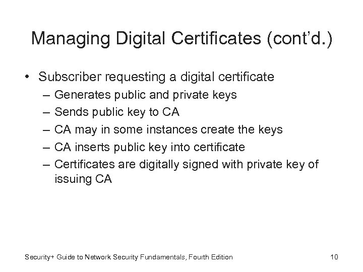 Managing Digital Certificates (cont’d. ) • Subscriber requesting a digital certificate – – –