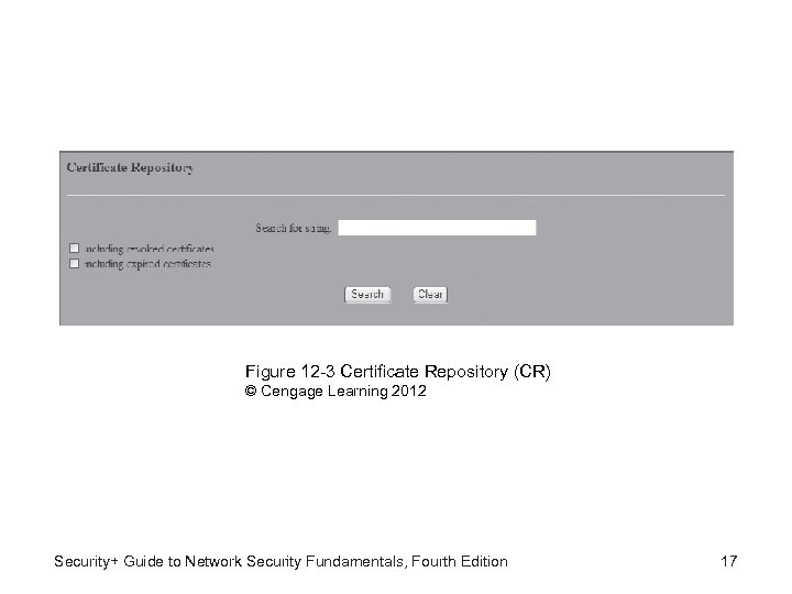 Figure 12 -3 Certificate Repository (CR) © Cengage Learning 2012 Security+ Guide to Network