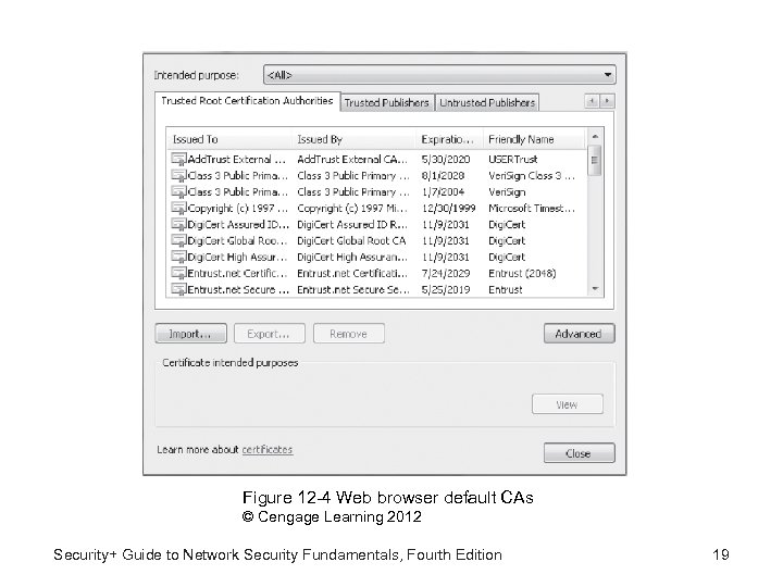 Figure 12 -4 Web browser default CAs © Cengage Learning 2012 Security+ Guide to