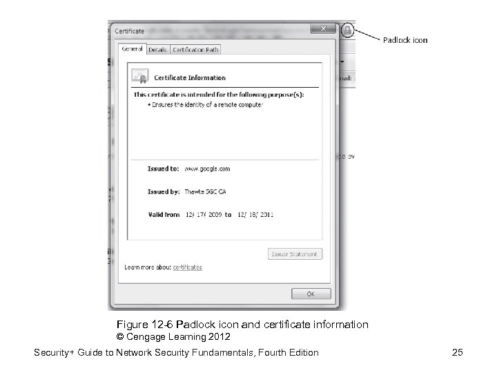 Figure 12 -6 Padlock icon and certificate information © Cengage Learning 2012 Security+ Guide