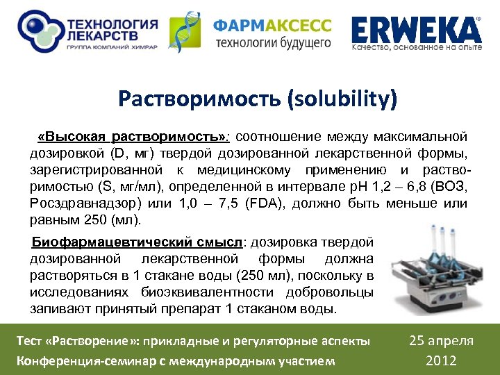 Растворимость (solubility) «Высокая растворимость» : соотношение между максимальной дозировкой (D, мг) твердой дозированной лекарственной