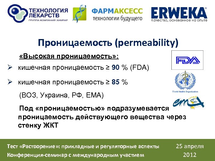 Проницаемость (permeability) «Высокая проницаемость» : Ø кишечная проницаемость ≥ 90 % (FDA) Ø кишечная