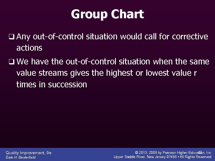 Group Chart q Any out-of-control situation would call for corrective actions q We have