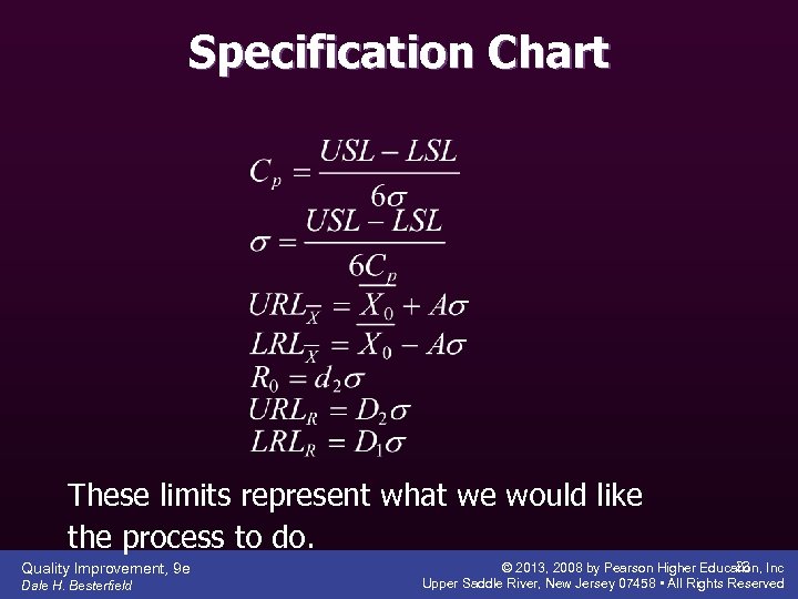 Specification Chart These limits represent what we would like the process to do. Quality